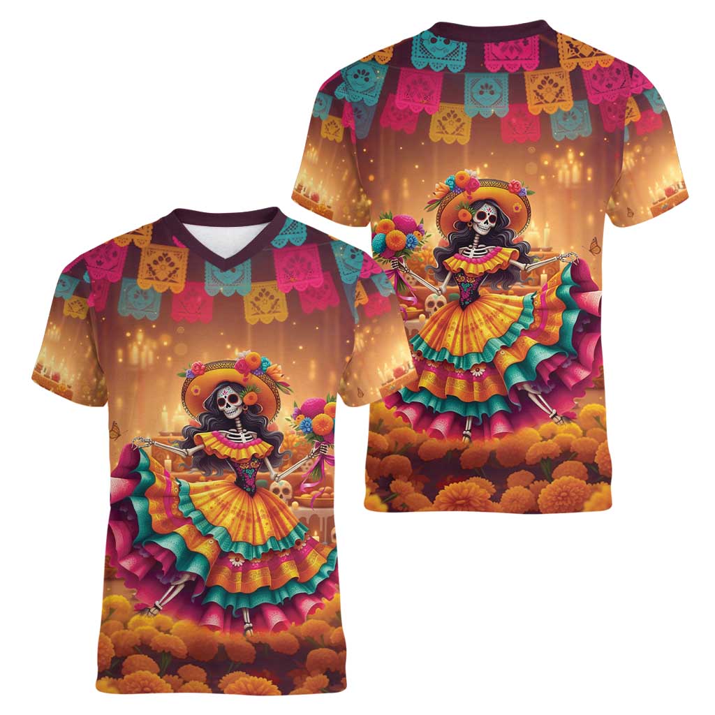 Mexico Day Of The Dead Women V-Neck T-Shirt Día de los Muertos Catrina - Wonder Print Shop