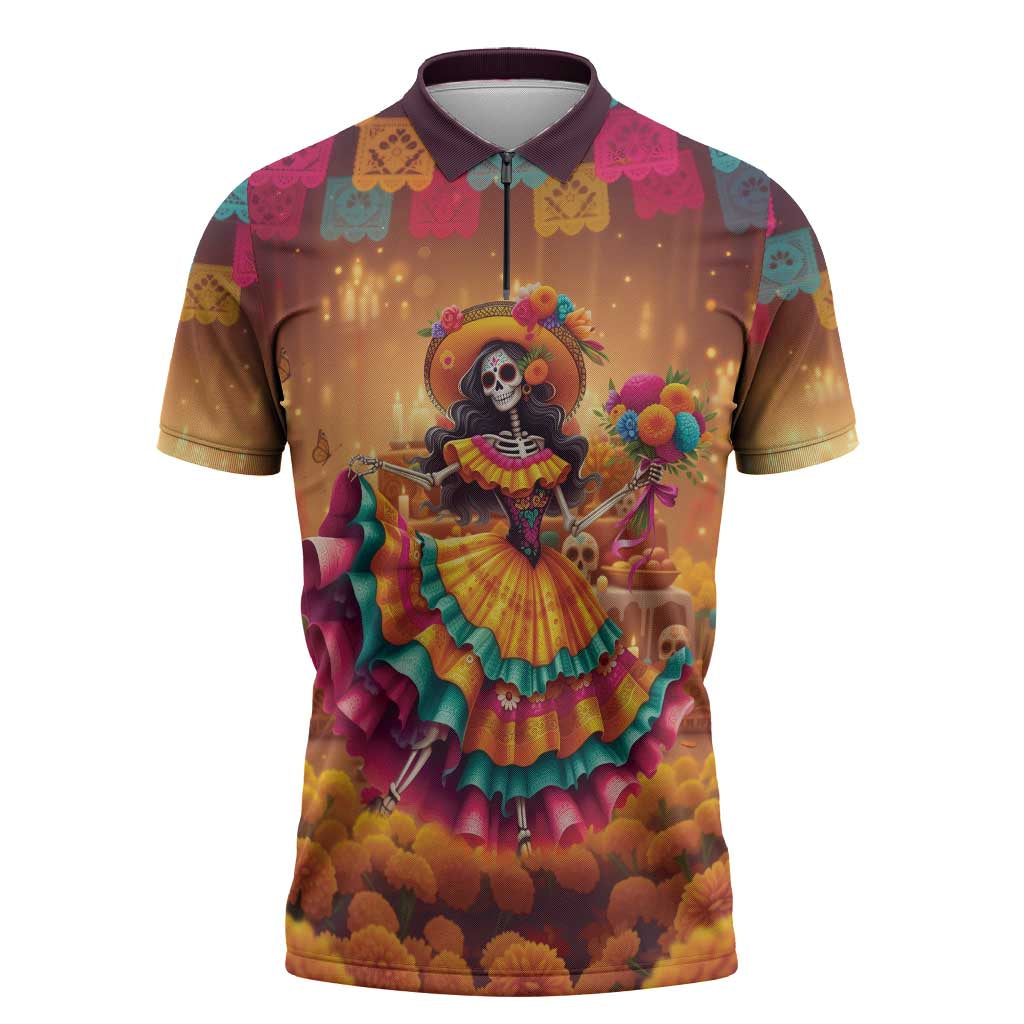 Mexico Day Of The Dead Zipper Polo Shirt Día de los Muertos Catrina - Wonder Print Shop