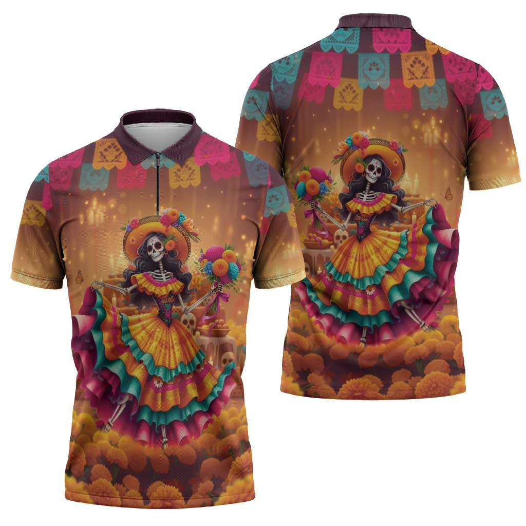 Mexico Day Of The Dead Zipper Polo Shirt Día de los Muertos Catrina - Wonder Print Shop