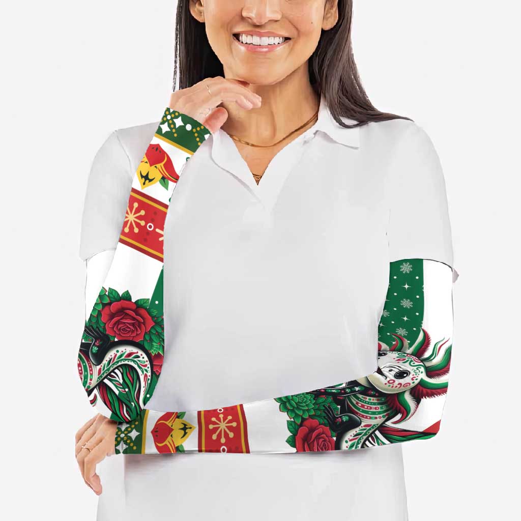 Mexico Christmas Arm Sleeves Cute Axolotl with Flag Style - Wonder Print Shop
