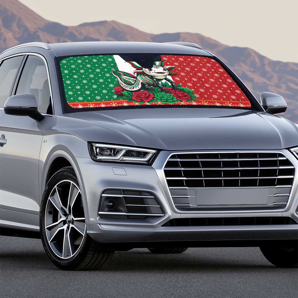 Mexico Christmas Auto Sun Shade Cute Axolotl with Flag Style - Wonder Print Shop
