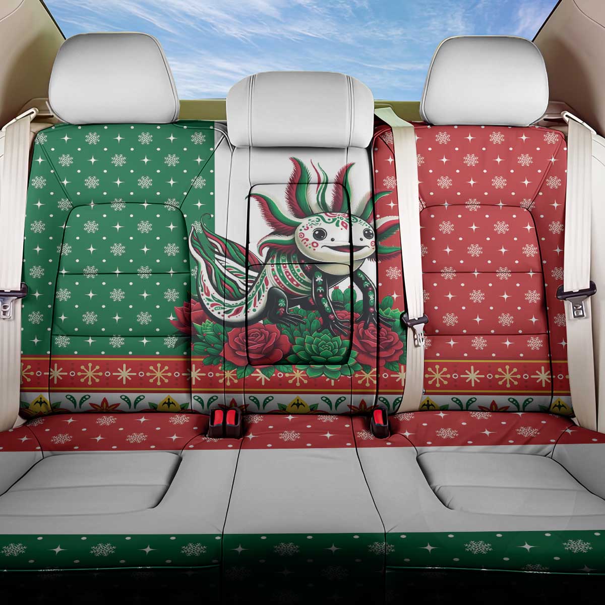 Mexico Christmas Back Car Seat Cover Cute Axolotl with Flag Style - Wonder Print Shop