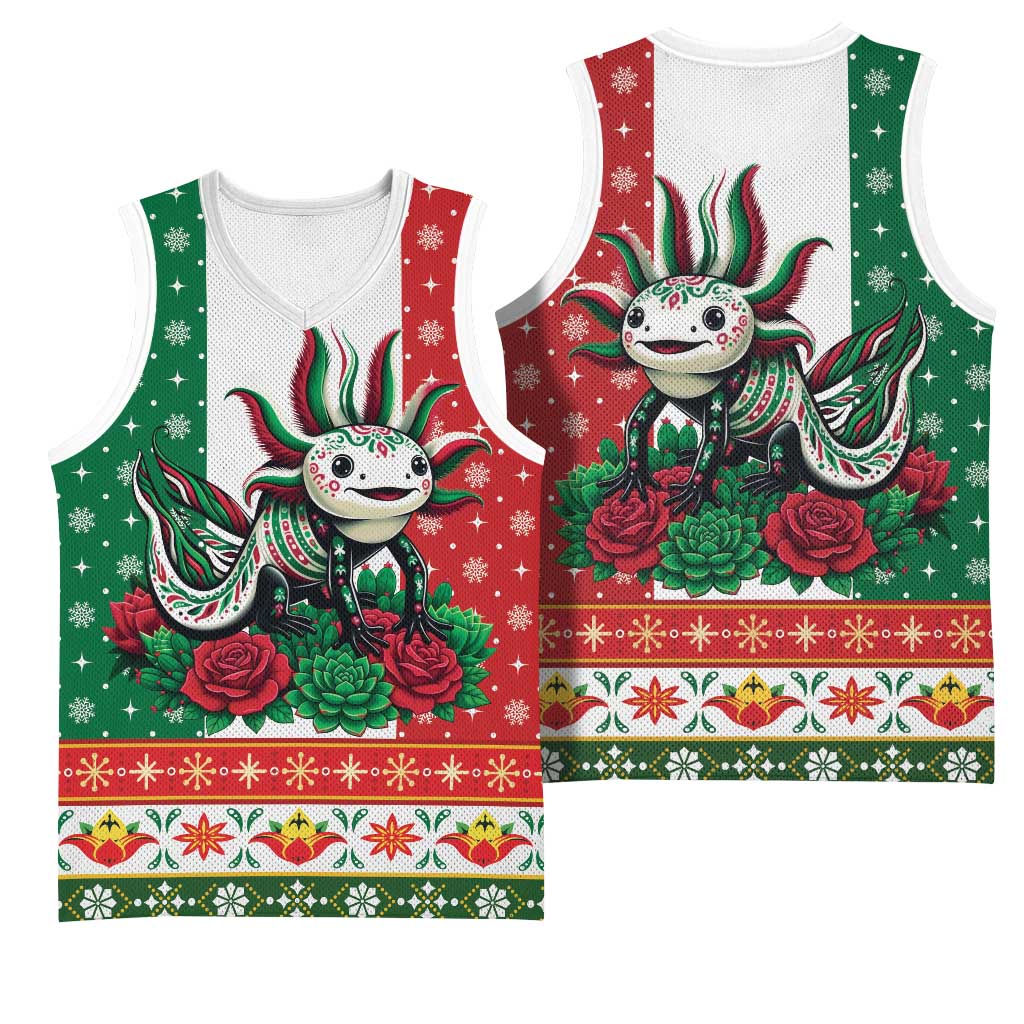 Mexico Christmas Basketball Jersey Cute Axolotl with Flag Style - Wonder Print Shop