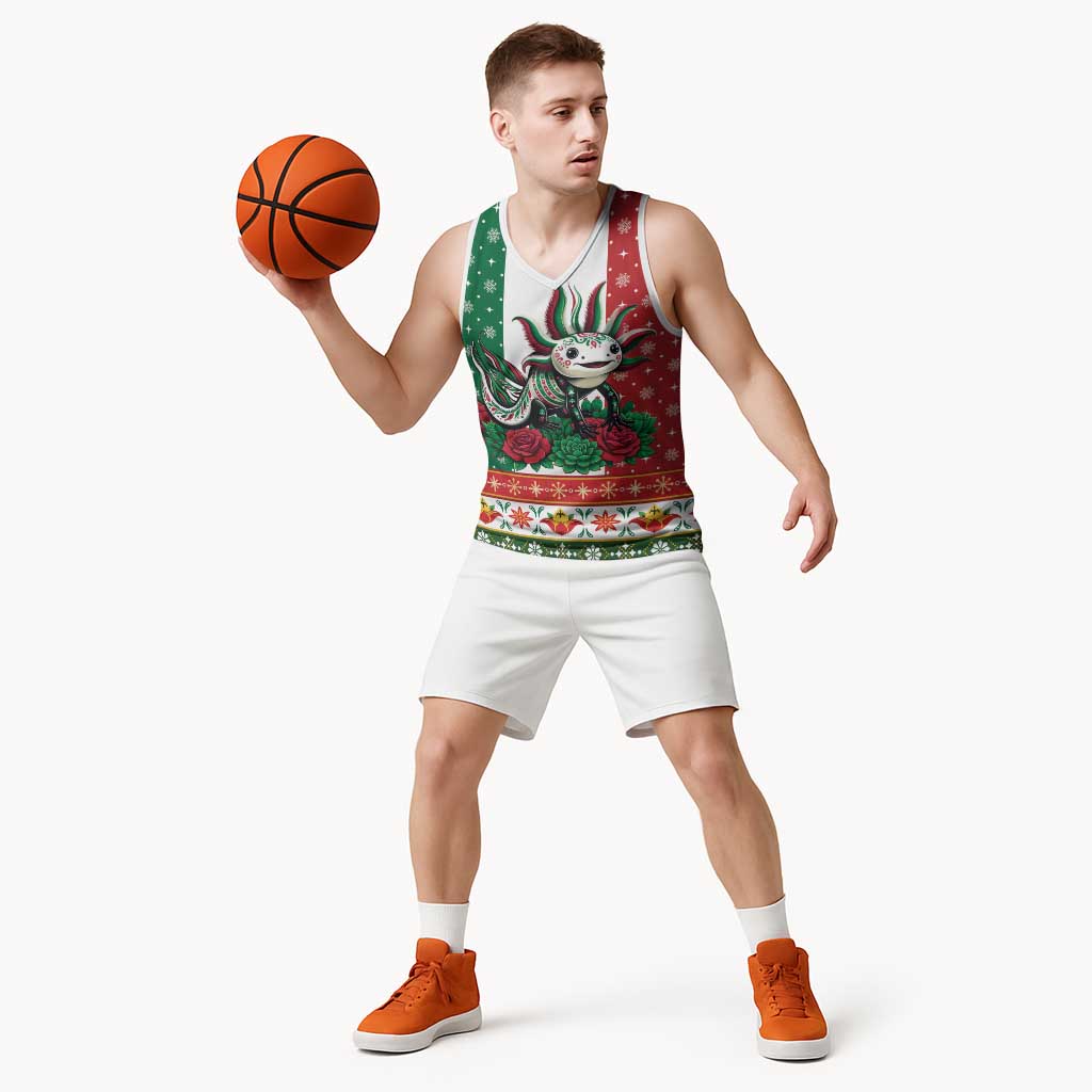 Mexico Christmas Basketball Jersey Cute Axolotl with Flag Style - Wonder Print Shop