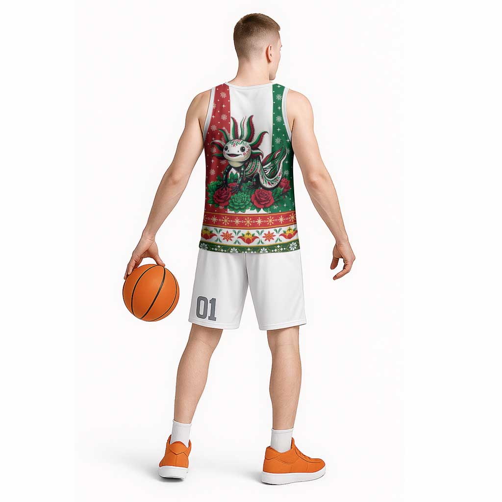 Mexico Christmas Basketball Jersey Cute Axolotl with Flag Style - Wonder Print Shop