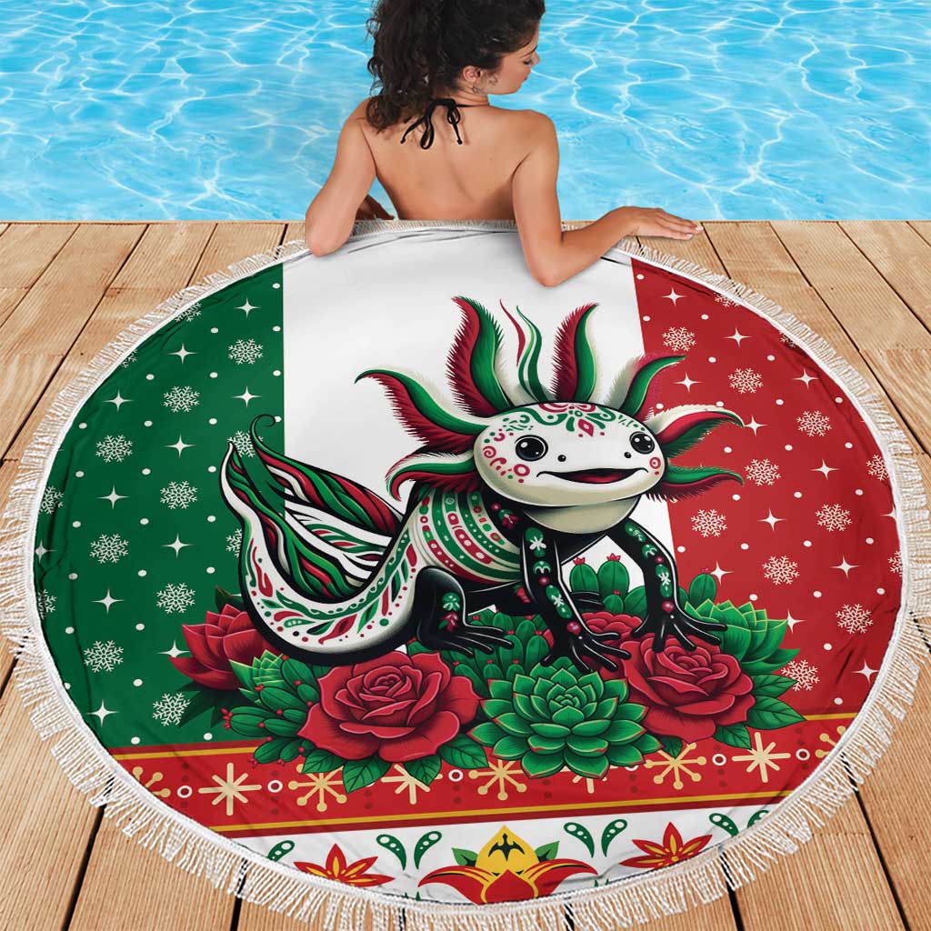 Mexico Christmas Beach Blanket Cute Axolotl with Flag Style - Wonder Print Shop
