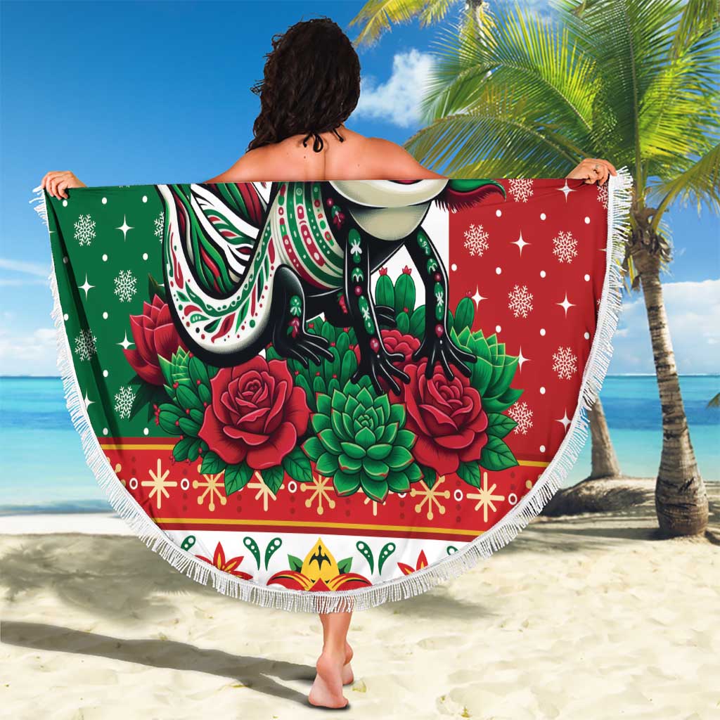Mexico Christmas Beach Blanket Cute Axolotl with Flag Style - Wonder Print Shop