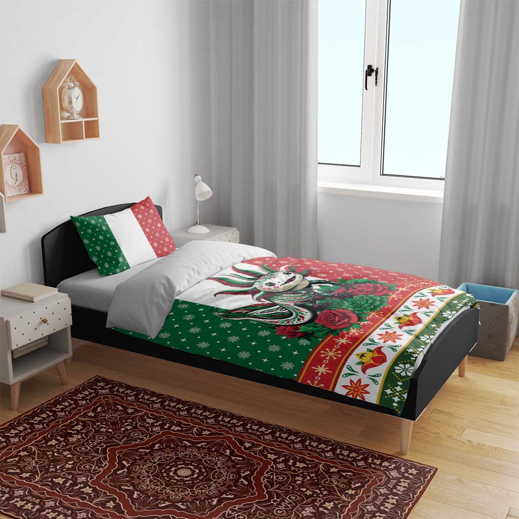 Mexico Christmas Bedding Set Cute Axolotl with Flag Style - Wonder Print Shop