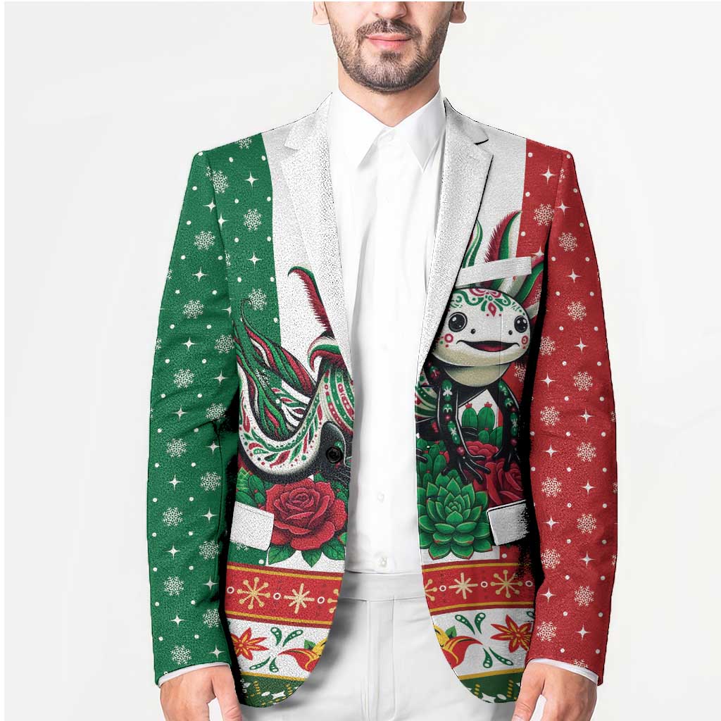 Mexico Christmas Blazer Cute Axolotl with Flag Style - Wonder Print Shop