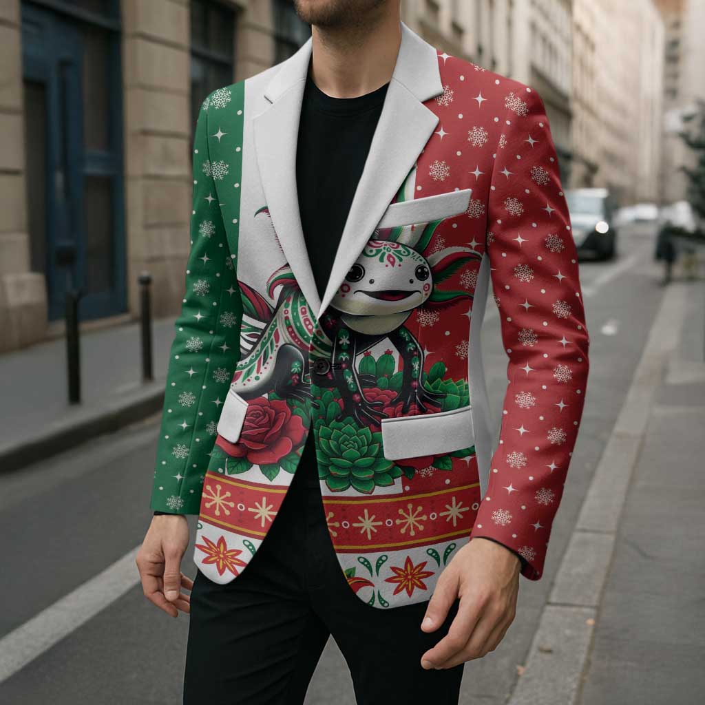Mexico Christmas Blazer Cute Axolotl with Flag Style - Wonder Print Shop