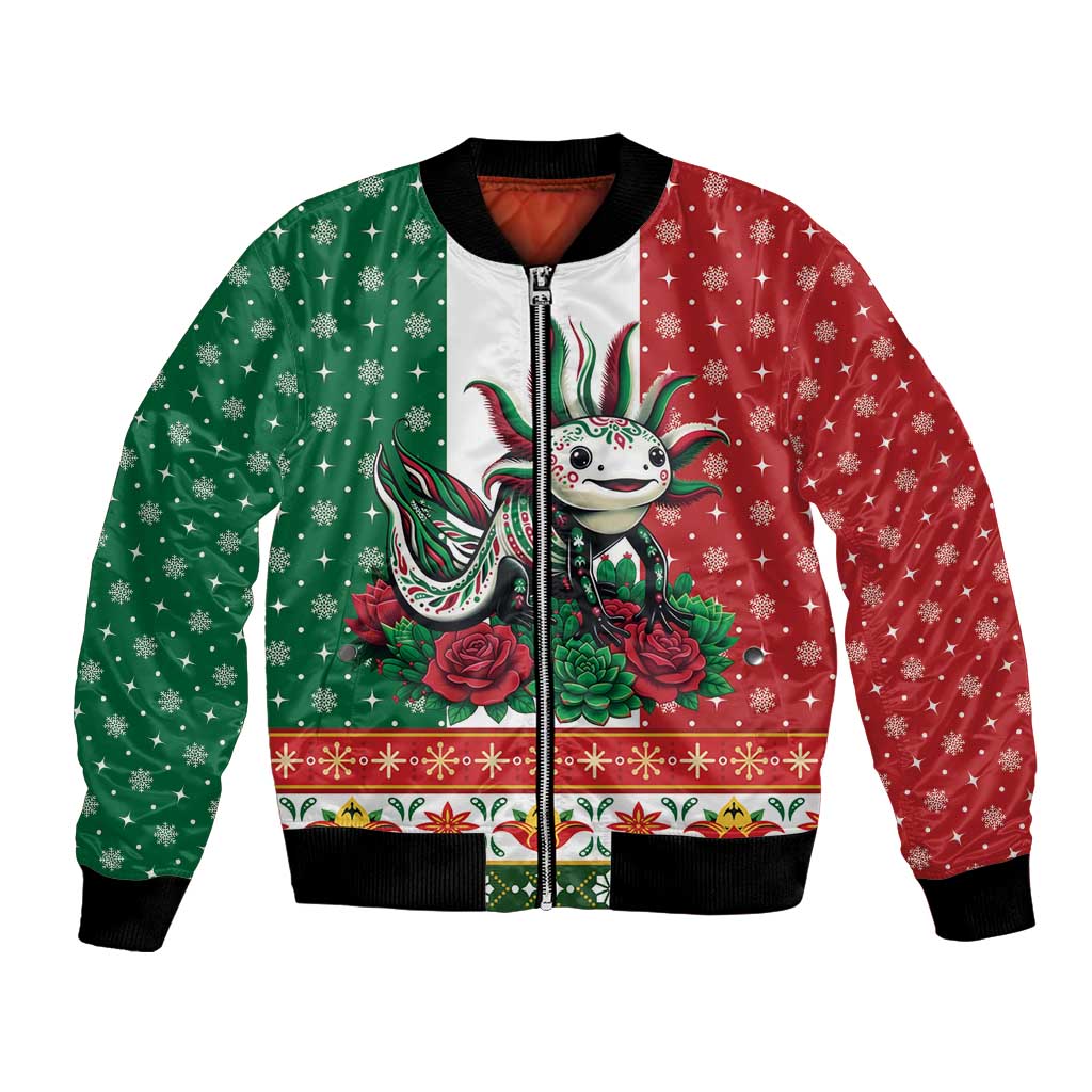 Mexico Christmas Bomber Jacket Cute Axolotl with Flag Style - Wonder Print Shop
