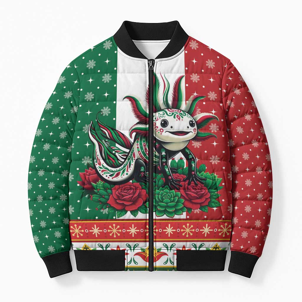 Mexico Christmas Bomber Puffer Jacket Cute Axolotl with Flag Style - Wonder Print Shop