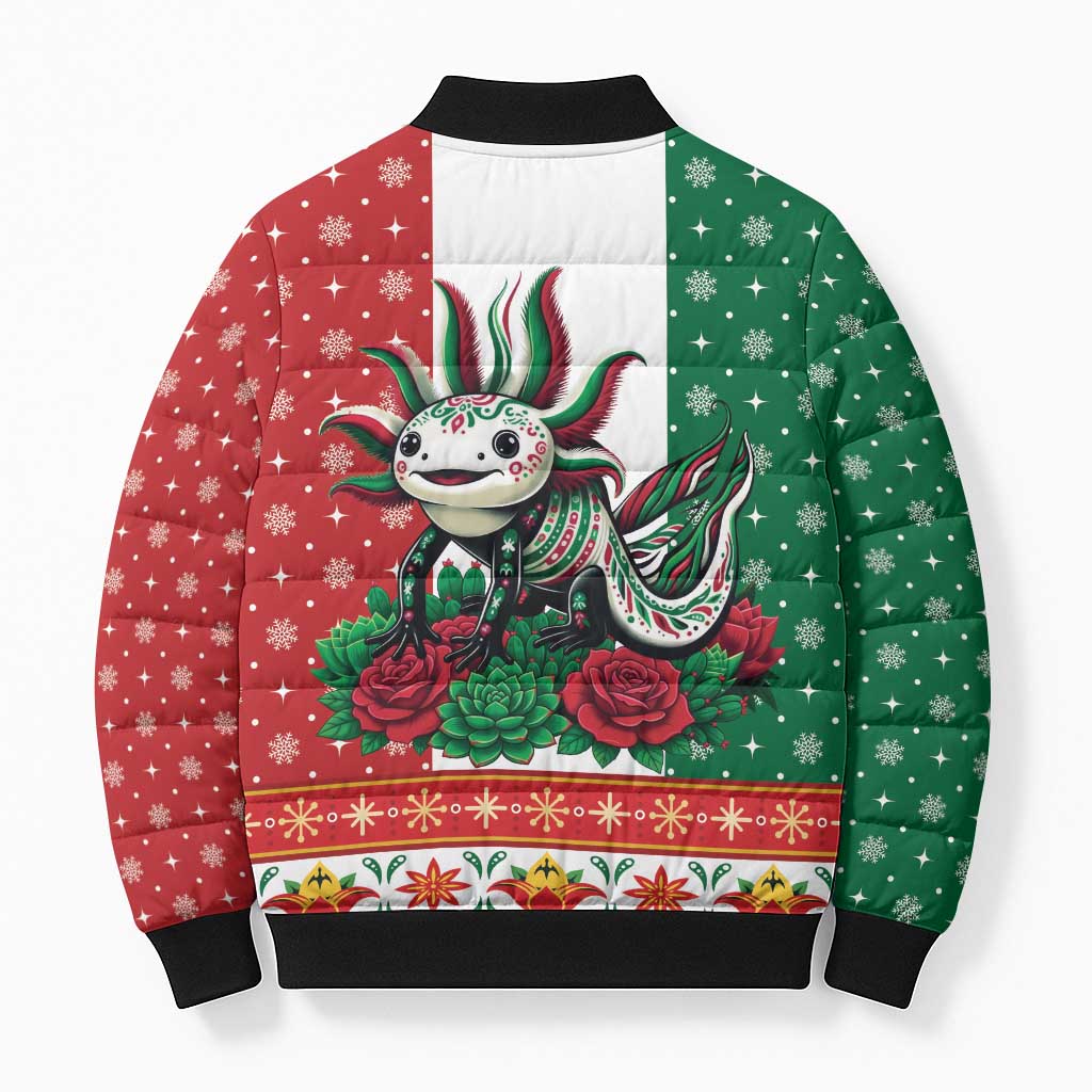 Mexico Christmas Bomber Puffer Jacket Cute Axolotl with Flag Style - Wonder Print Shop