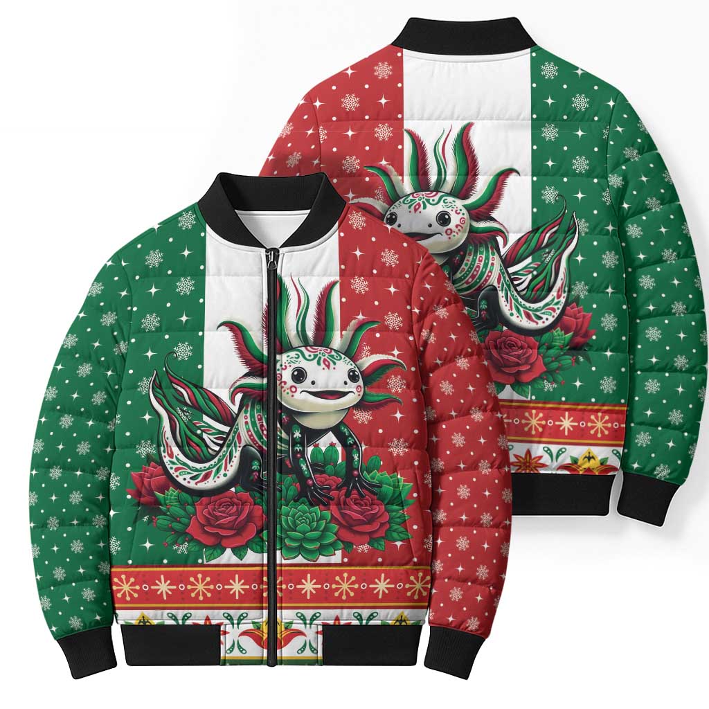 Mexico Christmas Bomber Puffer Jacket Cute Axolotl with Flag Style - Wonder Print Shop