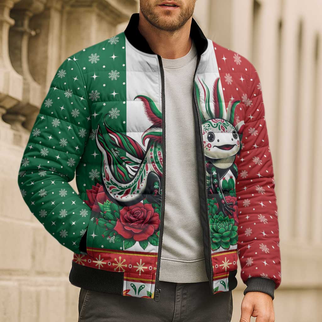 Mexico Christmas Bomber Puffer Jacket Cute Axolotl with Flag Style - Wonder Print Shop