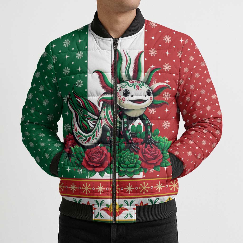 Mexico Christmas Bomber Puffer Jacket Cute Axolotl with Flag Style - Wonder Print Shop