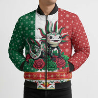 Mexico Christmas Bomber Puffer Jacket Cute Axolotl with Flag Style - Wonder Print Shop