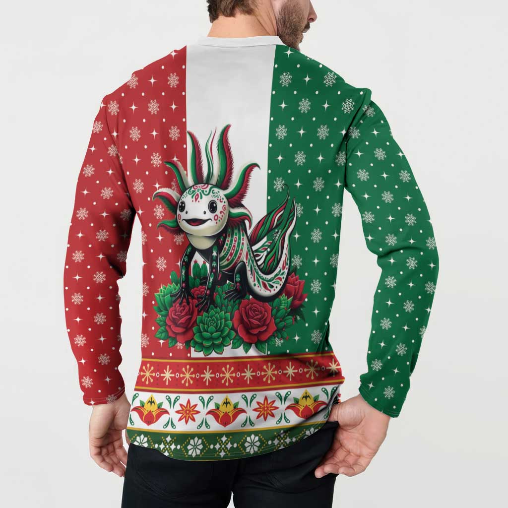 Mexico Christmas Button Sweatshirt Cute Axolotl with Flag Style - Wonder Print Shop