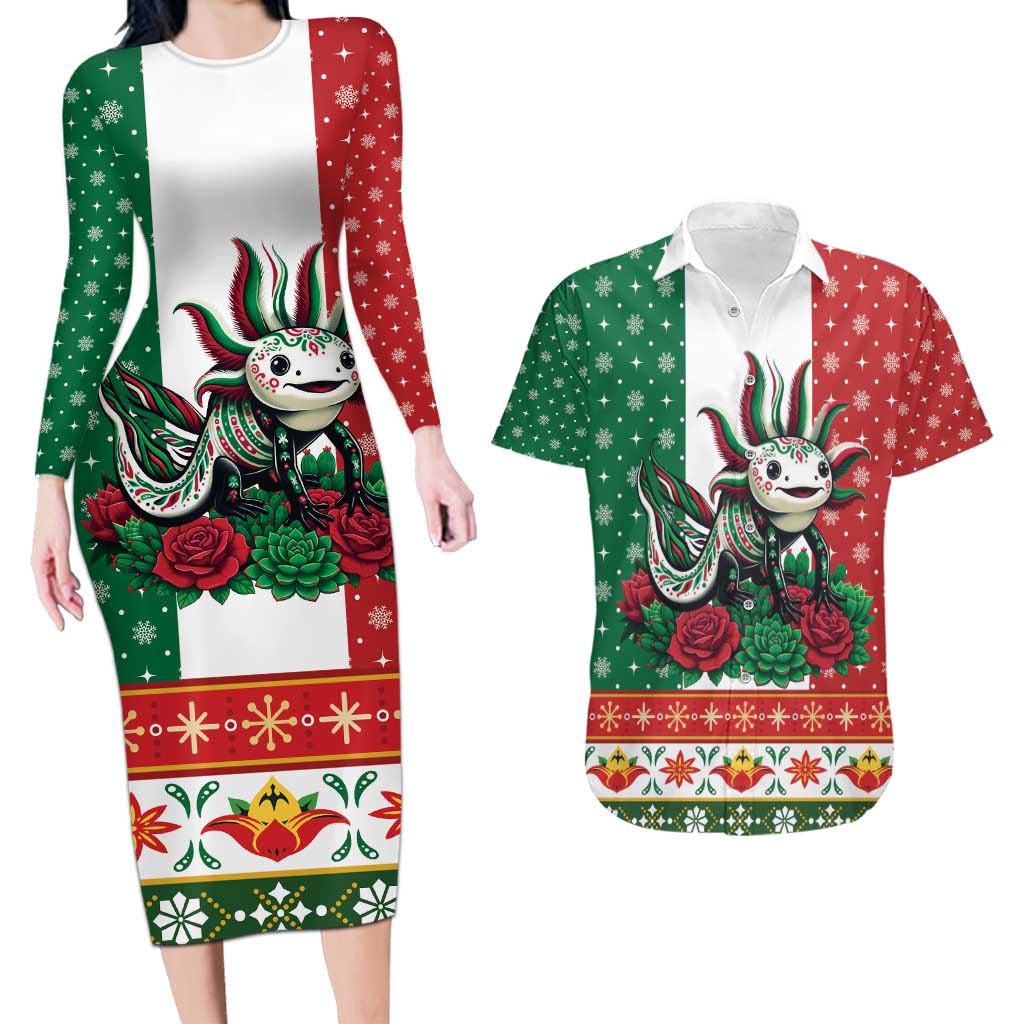 Mexico Christmas Couples Matching Long Sleeve Bodycon Dress and Hawaiian Shirt Cute Axolotl with Flag Style - Wonder Print Shop