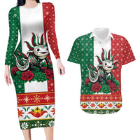 Mexico Christmas Couples Matching Long Sleeve Bodycon Dress and Hawaiian Shirt Cute Axolotl with Flag Style - Wonder Print Shop