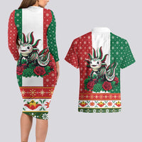 Mexico Christmas Couples Matching Long Sleeve Bodycon Dress and Hawaiian Shirt Cute Axolotl with Flag Style - Wonder Print Shop
