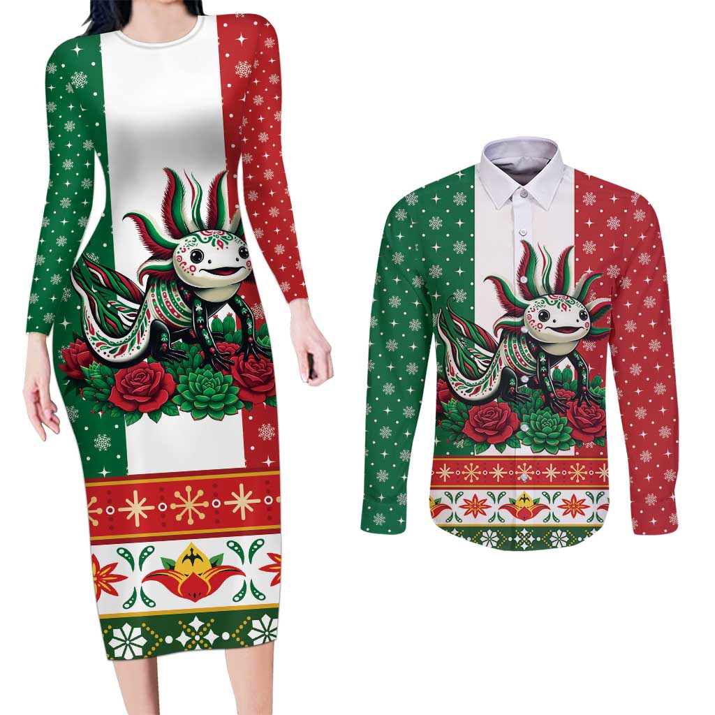 Mexico Christmas Couples Matching Long Sleeve Bodycon Dress and Long Sleeve Button Shirt Cute Axolotl with Flag Style - Wonder Print Shop