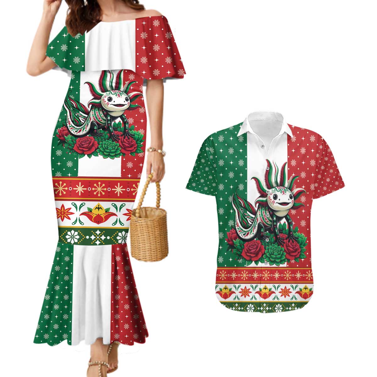 Mexico Christmas Couples Matching Mermaid Dress and Hawaiian Shirt Cute Axolotl with Flag Style - Wonder Print Shop
