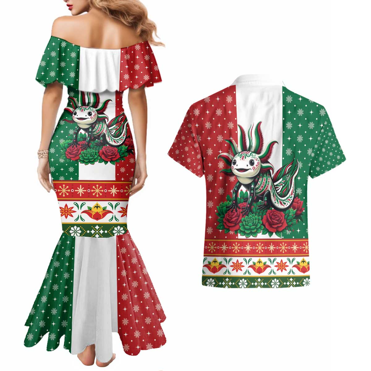 Mexico Christmas Couples Matching Mermaid Dress and Hawaiian Shirt Cute Axolotl with Flag Style - Wonder Print Shop