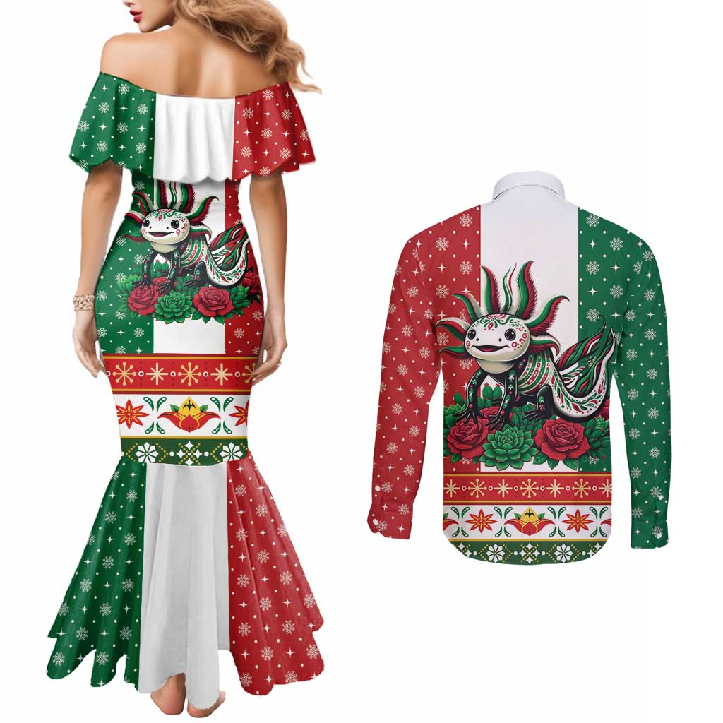 Mexico Christmas Couples Matching Mermaid Dress and Long Sleeve Button Shirt Cute Axolotl with Flag Style - Wonder Print Shop