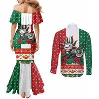 Mexico Christmas Couples Matching Mermaid Dress and Long Sleeve Button Shirt Cute Axolotl with Flag Style - Wonder Print Shop