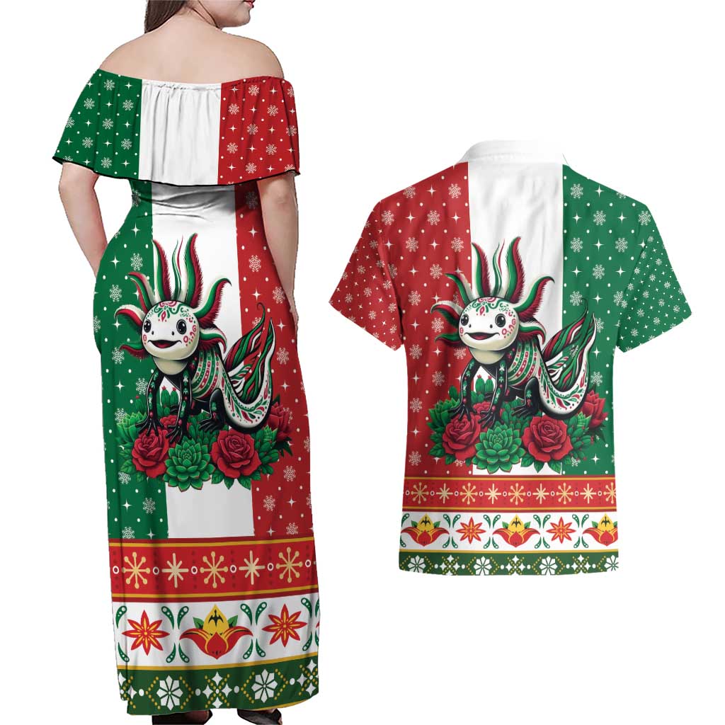 Mexico Christmas Couples Matching Off Shoulder Maxi Dress and Hawaiian Shirt Cute Axolotl with Flag Style - Wonder Print Shop