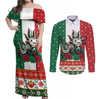 Mexico Christmas Couples Matching Off Shoulder Maxi Dress and Long Sleeve Button Shirt Cute Axolotl with Flag Style - Wonder Print Shop