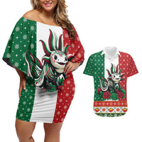 Mexico Christmas Couples Matching Off Shoulder Short Dress and Hawaiian Shirt Cute Axolotl with Flag Style - Wonder Print Shop