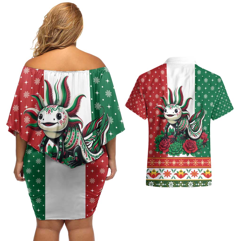 Mexico Christmas Couples Matching Off Shoulder Short Dress and Hawaiian Shirt Cute Axolotl with Flag Style - Wonder Print Shop