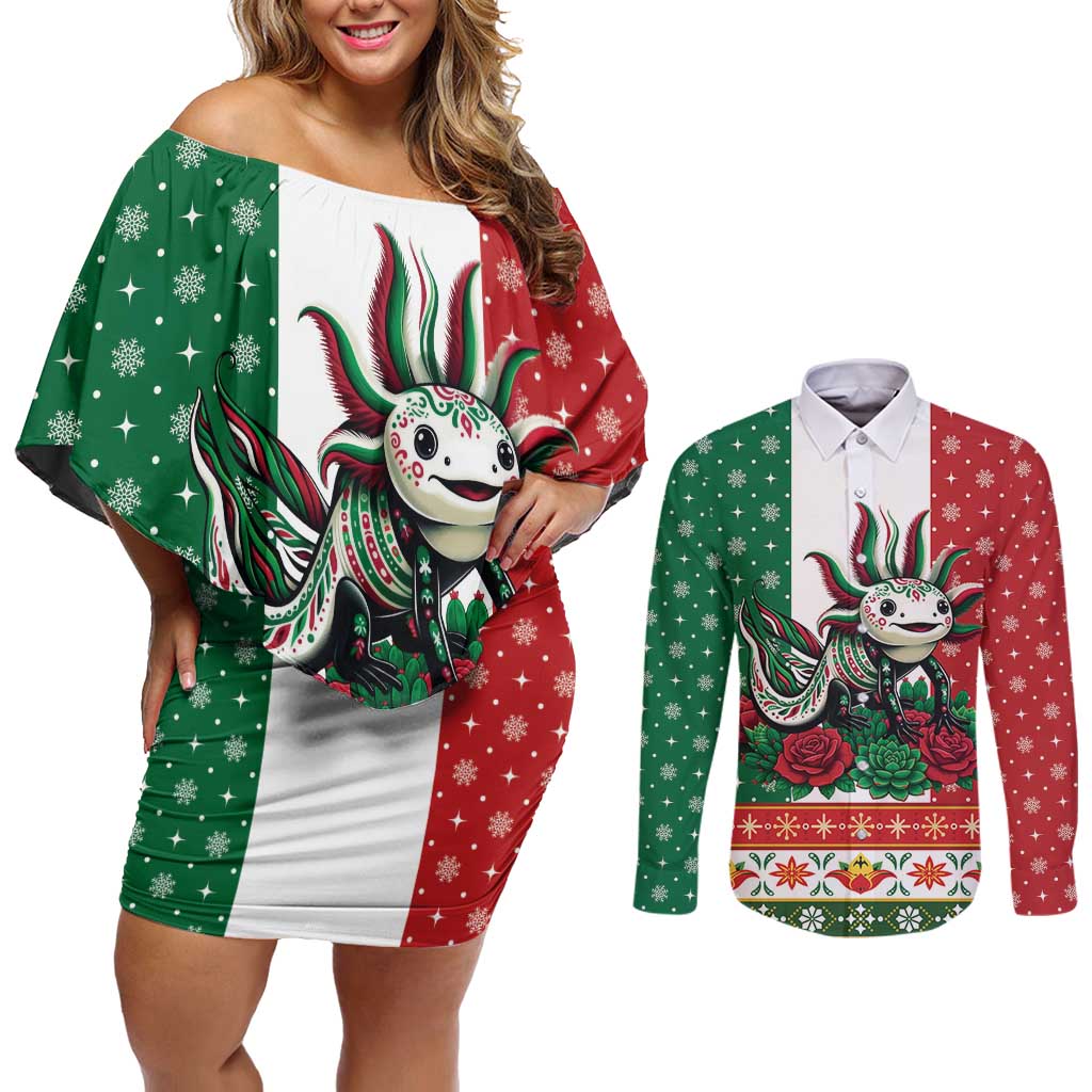 Mexico Christmas Couples Matching Off Shoulder Short Dress and Long Sleeve Button Shirt Cute Axolotl with Flag Style - Wonder Print Shop