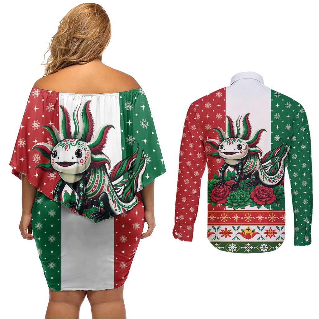 Mexico Christmas Couples Matching Off Shoulder Short Dress and Long Sleeve Button Shirt Cute Axolotl with Flag Style - Wonder Print Shop