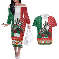 Mexico Christmas Couples Matching Off The Shoulder Long Sleeve Dress and Hawaiian Shirt Cute Axolotl with Flag Style - Wonder Print Shop