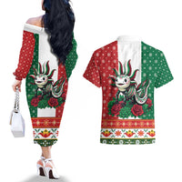 Mexico Christmas Couples Matching Off The Shoulder Long Sleeve Dress and Hawaiian Shirt Cute Axolotl with Flag Style - Wonder Print Shop