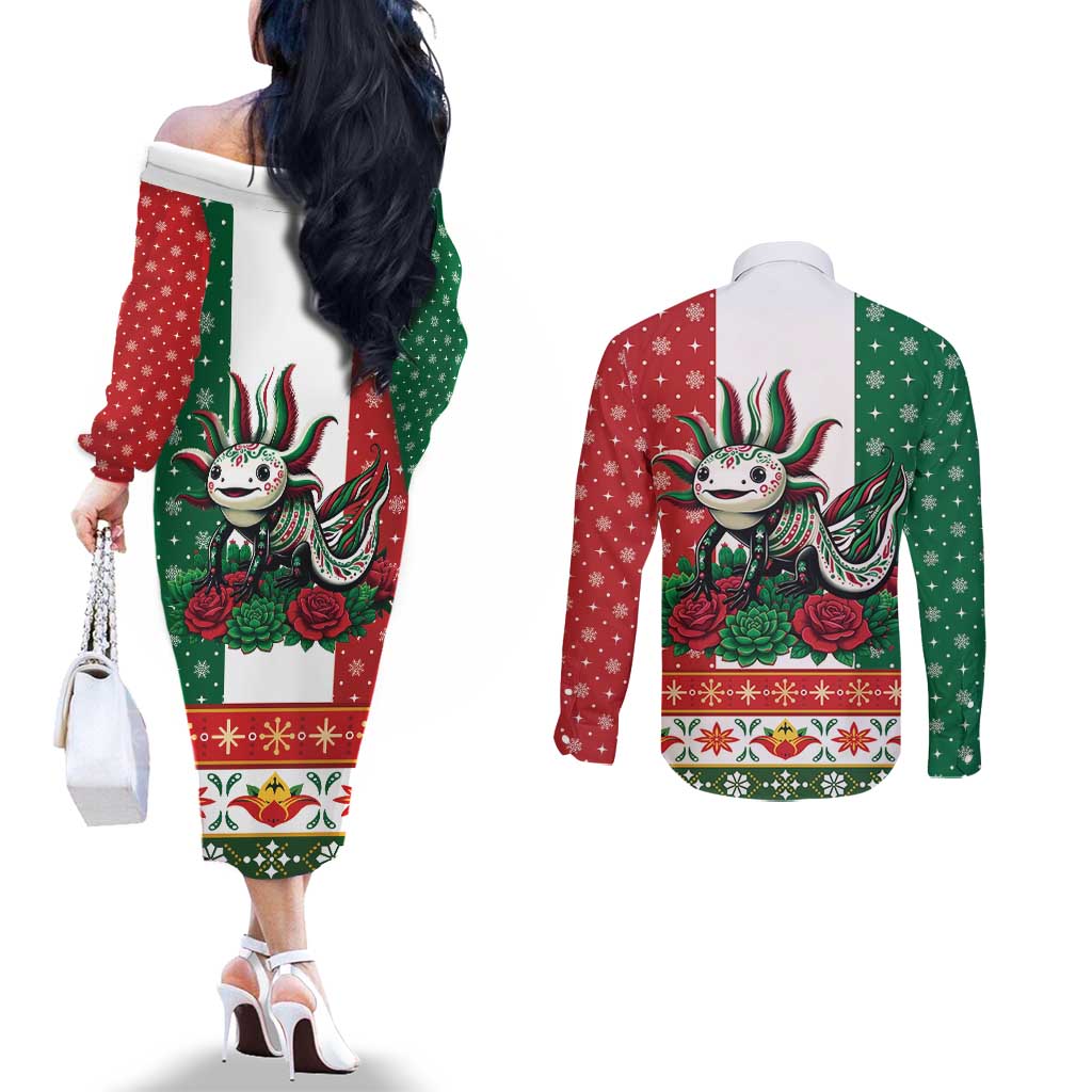 Mexico Christmas Couples Matching Off The Shoulder Long Sleeve Dress and Long Sleeve Button Shirt Cute Axolotl with Flag Style - Wonder Print Shop