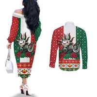 Mexico Christmas Couples Matching Off The Shoulder Long Sleeve Dress and Long Sleeve Button Shirt Cute Axolotl with Flag Style - Wonder Print Shop