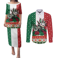 Mexico Christmas Couples Matching Puletasi and Long Sleeve Button Shirt Cute Axolotl with Flag Style - Wonder Print Shop