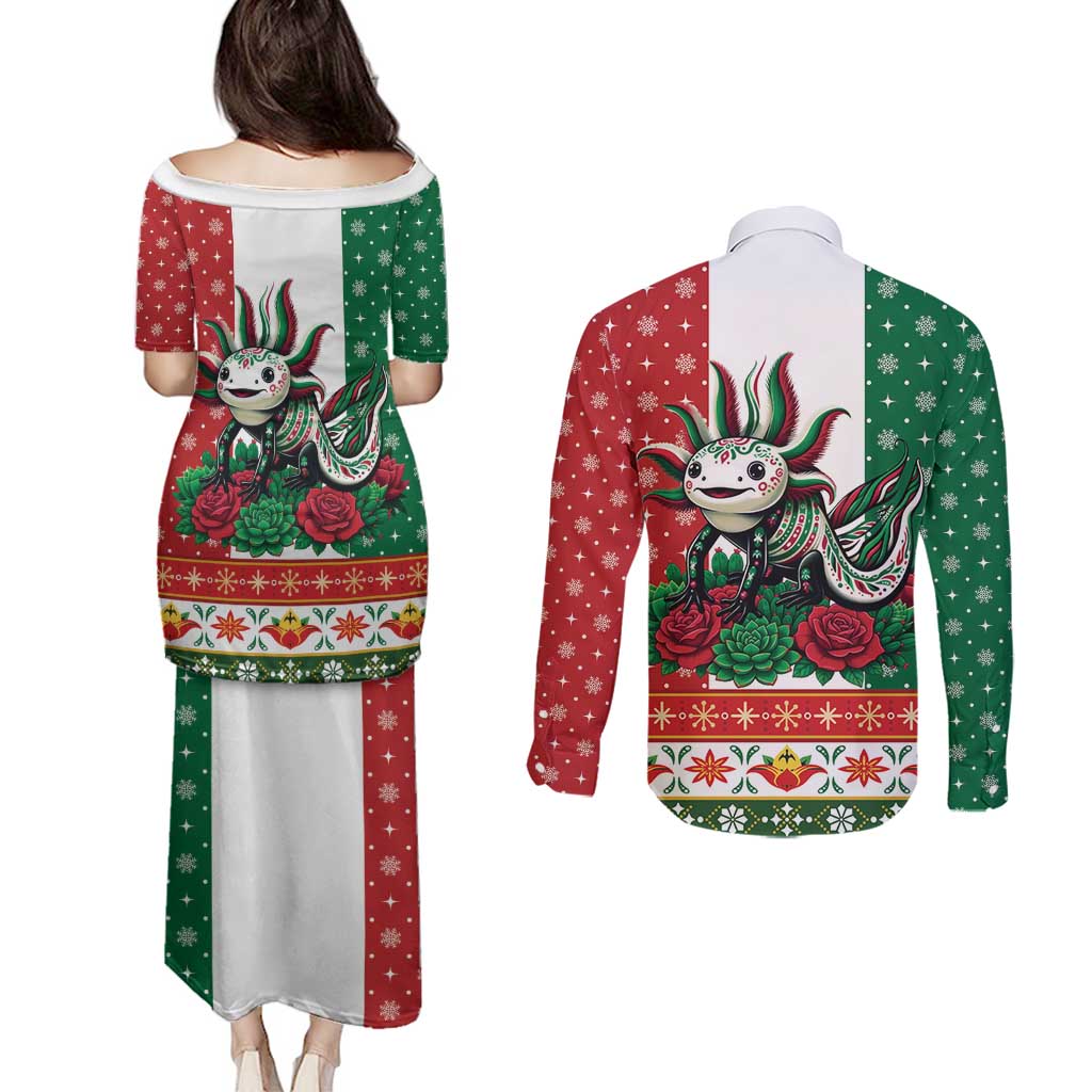 Mexico Christmas Couples Matching Puletasi and Long Sleeve Button Shirt Cute Axolotl with Flag Style - Wonder Print Shop