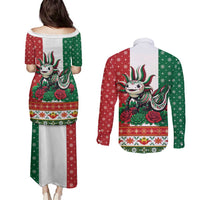 Mexico Christmas Couples Matching Puletasi and Long Sleeve Button Shirt Cute Axolotl with Flag Style - Wonder Print Shop