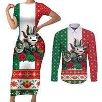 Mexico Christmas Couples Matching Short Sleeve Bodycon Dress and Long Sleeve Button Shirt Cute Axolotl with Flag Style - Wonder Print Shop