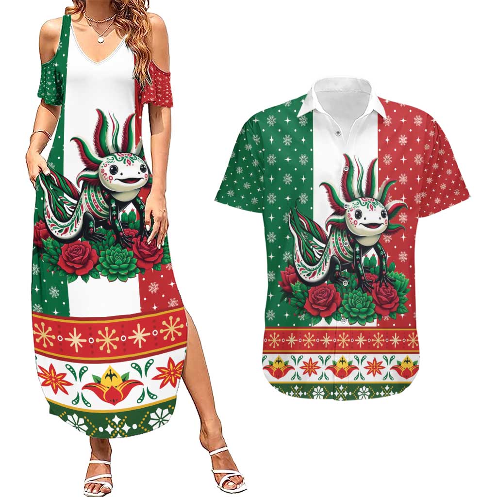 Mexico Christmas Couples Matching Summer Maxi Dress and Hawaiian Shirt Cute Axolotl with Flag Style - Wonder Print Shop