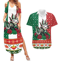 Mexico Christmas Couples Matching Summer Maxi Dress and Hawaiian Shirt Cute Axolotl with Flag Style - Wonder Print Shop
