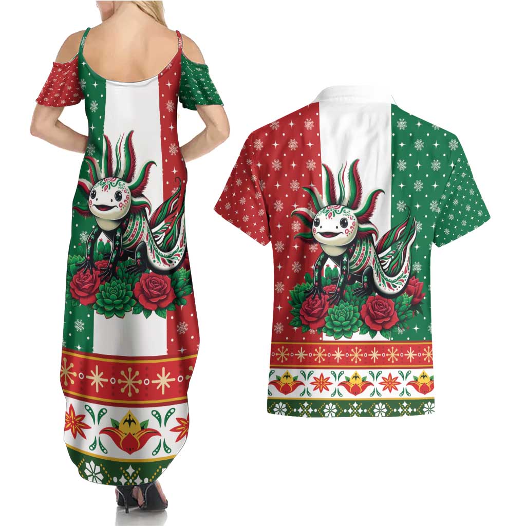 Mexico Christmas Couples Matching Summer Maxi Dress and Hawaiian Shirt Cute Axolotl with Flag Style - Wonder Print Shop