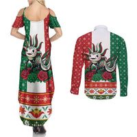 Mexico Christmas Couples Matching Summer Maxi Dress and Long Sleeve Button Shirt Cute Axolotl with Flag Style - Wonder Print Shop