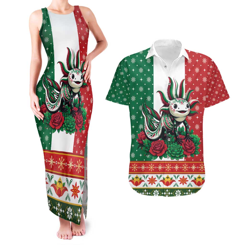 Mexico Christmas Couples Matching Tank Maxi Dress and Hawaiian Shirt Cute Axolotl with Flag Style - Wonder Print Shop
