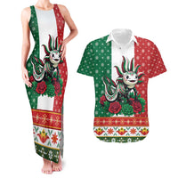 Mexico Christmas Couples Matching Tank Maxi Dress and Hawaiian Shirt Cute Axolotl with Flag Style - Wonder Print Shop
